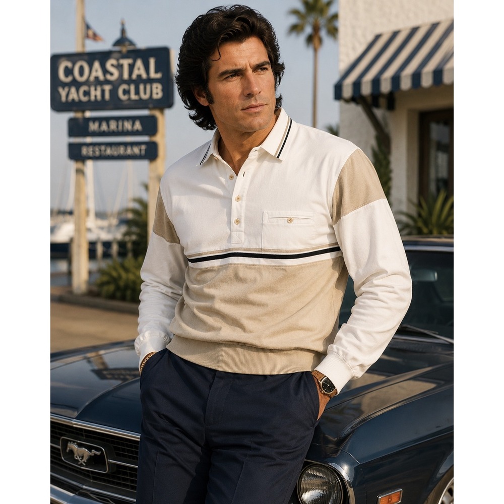 Mens Alexxus Vintage 90s Long Sleeve Polo Shirt White Tan Colorblock Grandpacore